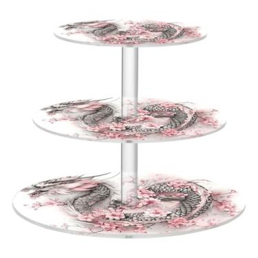 Imagem de CEBUGI Suporte de cupcake de 3 camadas, dragão japonês, redondo, suporte de bolo, bandeja de servir em camadas de acrílico para festas de chá, chá de bebê, casamento e mais