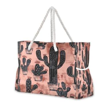 Imagem de Wassud Bolsa de praia feminina grande, cacto preto, impermeável, à prova de areia, bolsa de viagem com zíper e bolso para piscina, academia, acampamento