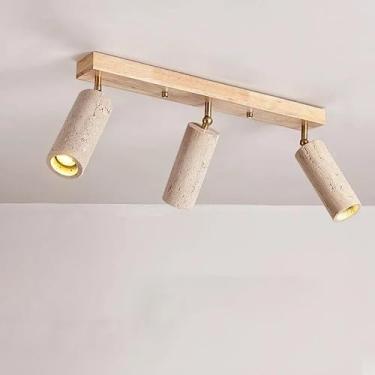 Imagem de Luminária de teto LED em pedra natural amarela, estilo japonês criativo, para sala de estar ou loja de roupas, com foco de iluminação decorativa.