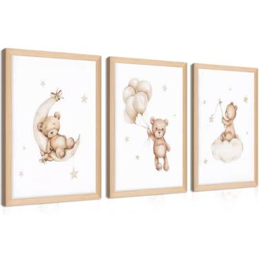 Imagem de Urso de pelúcia emoldurado para decoração de berçário, conjunto de 3, urso dormindo na lua e estrelas, impressão de pôster de ursos neutros, decoração de parede para quarto de bebê, quarto de meninas