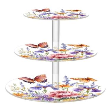 Imagem de CEBUGI Suporte de cupcake de 3 camadas, flores silvestres e borboletas, suporte redondo para bolos, torre, bandeja de servir em camadas de acrílico para chá, chá de bebê, casamento e mais