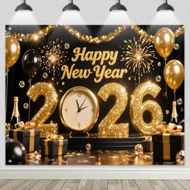 Imagem de HOMETITUTE Feliz Ano Novo 2026 pano de fundo 2,4 x 1,8 m dourado preto balão relógio banner festa fotografia fundo para decoração de celebração de ano novo, exibição de parede de cabine de fotos