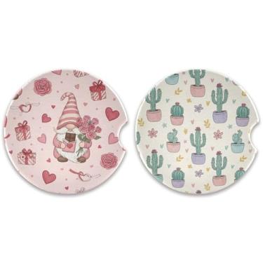 Imagem de Burbuja Porta-copos de carro de cacto Valentine Gnomos, pacote com 2, porta-copos de cerâmica absorvente com entalhe de dedo, acessórios de carro fofos para mulheres