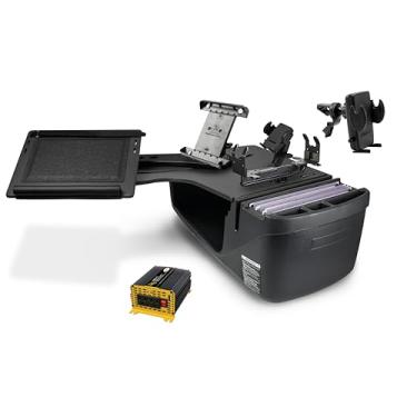 Imagem de AutoExec Alcance o banco traseiro da mesa para a estação de trabalho do seu veículo e escritório móvel, preto, com inversor de potência de 400 watts, suporte para celular, suporte para tablet, suporte