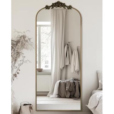 Imagem de Espelho arqueado de comprimento total, espelho de chão de 162 x 53 cm, independente com moldura de metal esculpido e arte inferior esculpida, espelho de corpo inteiro para decoração de casa, espelho