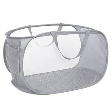 Imagem de Cestos de lavanderia, cesto de roupa suja dobrável de malha com alças e bolso lateral, cesta de armazenamento de roupas para lavanderia, banheiro, quarto infantil, dormitório ou viagem (cinza, 58 x 36