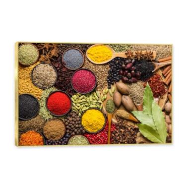 Imagem de Moldura dourada. Arte de parede em tela de especiarias coloridas e colher de tempero | Decoração de cozinha vintage | Arte moderna para casa e sala de jantar. B12. 80 x 120 cm - 31,5 x 47,3 pol