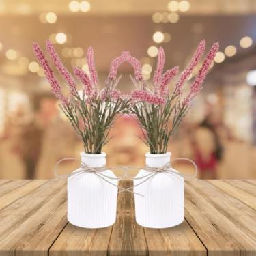 Imagem de Kit 2 Arranjos Com Vasos De Gesso Planta Artificial Decorativa(Lavanda Rosa)