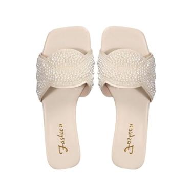 Imagem de BEAUDRM Sandálias rasteiras femininas de corrente de pérolas elegantes de dedo aberto sem cadarço verão casual para uso ao ar livre, Damasco, 37