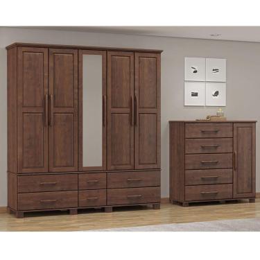 Imagem de Conjunto Quarto: Guarda-roupa 5 Portas, Cômoda Sapateira 5 Gavetas Café Ouro Madeira Pinus - Finestra