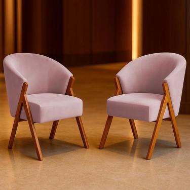 Imagem de Kit 2 Poltrona Sala Yumi Veludo Rosa Pés Madeira Maciça Castanho - ARK