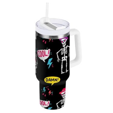 Imagem de ODAWA Copo grande esqueleto dançante preto de aço inoxidável isolado a vácuo com canudo e alça copo com isolamento de queda