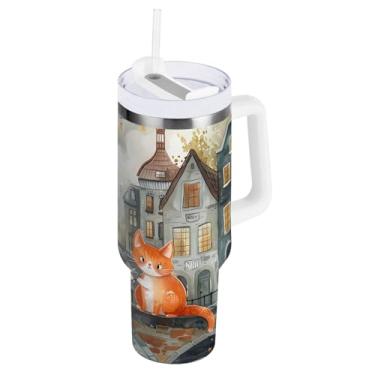 Imagem de ODAWA Copos de aço inoxidável Cats Bridge Village com alça e tampa de palha, copo de água grande