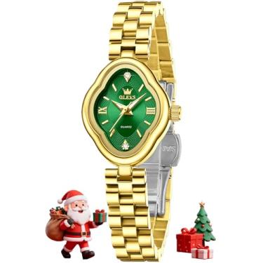 Imagem de OLEVS Relógio feminino elegante dourado luxuoso de aço inoxidável à prova d'água luminoso, L5666: pulseira dourada e mostrador verde