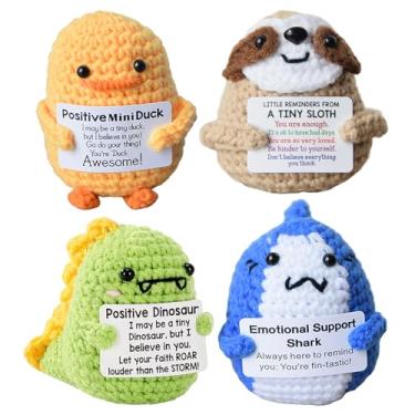 Imagem de JoyChoi Animais de crochê positivos, mini pato engraçado feito à mão, tubarão, preguiça e dinossauro
