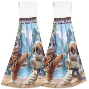 Imagem de TSENQUE Toalhas de mão engraçadas de gato e cachorro Kung Fu com laço para pendurar conjunto de toalhas de banheiro ultra absorventes conjunto de 2, decoração de banheiro de cozinha fofa personalizada