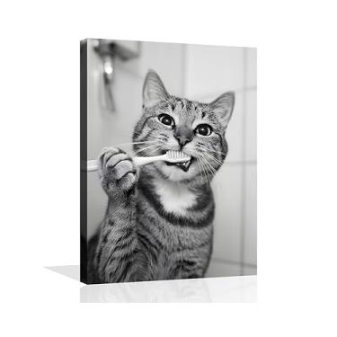 Imagem de OWNANRTHM Arte de parede em tela de banheiro de gato animal engraçado arte de parede de banheiro gato escovando dentes pintura de banheiro preto e branco imagens de animais para banheiro banheiro