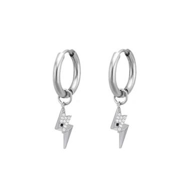 Imagem de Brinco de argola com pingente Lightning Bolt para mulheres e homens, imitação de zircônia cúbica, elegante, personalizado, leve, declaração, flash trovão, aço titânio, punk, joias modernas, Small, Aço