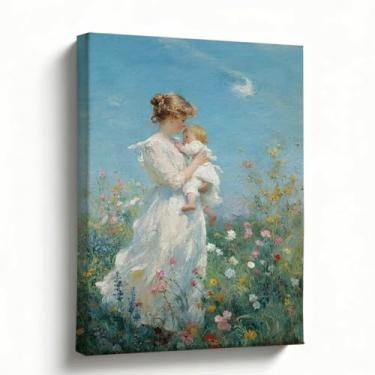 Imagem de Arte de parede em tela de pintura a óleo, mãe segurando o bebê no prado de flores silvestres, paisagem de natureza suave, decoração de casa para quarto, sala de estar, 20 x 25 cm