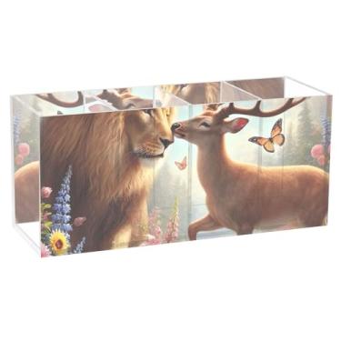 Imagem de TSENQUE Porta-canetas de acrílico para decoração de casa, beijo de leão, cervo, floral, fofo, para mesa, organizador de pincéis, porta-lápis, copo, arte, artesanato, material de escritório, mesa