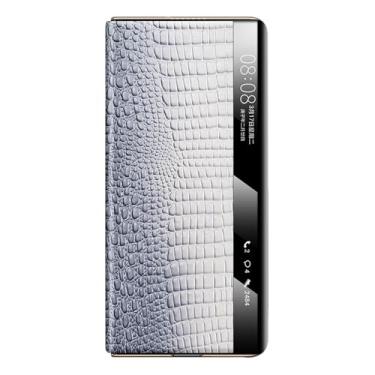 Imagem de POYUFRG Capa galvanizada para Huawei Mate X7, capa de couro genuíno com estampa de crocodilo empresarial leve e luxuosa, capa flip para janela de visualização inteligente, branca, Mate X7