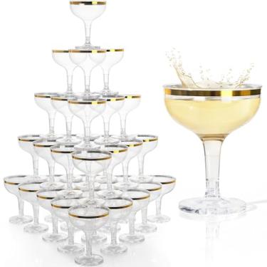 Imagem de RYTOXILO Copos de torre de champanhe, pacote com 100 copos de plástico cupê para festas com borda dourada, copos de coquetel de martini de acrílico transparente descartáveis, inquebráveis