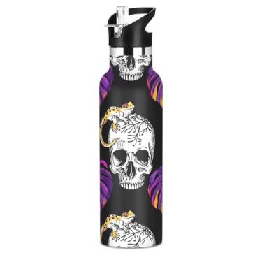 Imagem de Joisal Garrafa de água de aço inoxidável isolada de 590 ml com tampa de canudo para bebidas frias ou quentes, crânio engraçado preto livre de BPA parede dupla vácuo copos de viagem crianças meninos