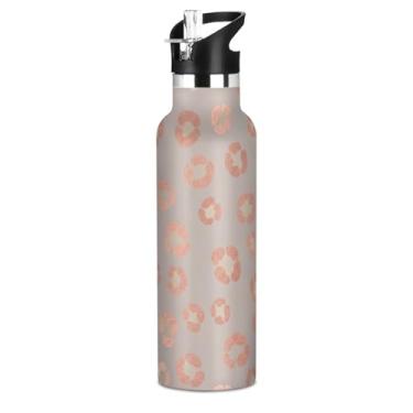 Imagem de Joisal Garrafa de água infantil isolada escolar, leopardo bege ouro rosa, 590 ml, parede dupla, à prova de vazamento, garrafa de água de aço inoxidável, copos de viagem infantis com tampa de canudo