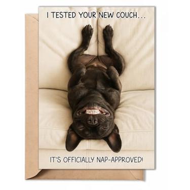 Imagem de TRIDECOR Presentes de aquecimento de casa nova casa – Cartão de casa novo engraçado, cartão de boas-vindas de cachorro fofo, cartão de sofá aprovado para soneca – Dobrado 12 x 17 cm com envelope