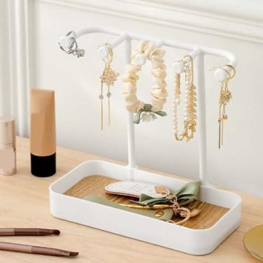 Imagem de Sanpyl Organizador de Suporte de Jóias, Suporte de Colar Com Bandeja de Madeira 5 Ganchos, para Pulseira Brinco Anel Chave Relógio (Branco)