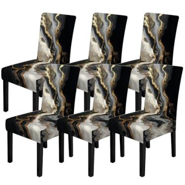 Imagem de FOREVER QUEEN 6 capas de cadeira clássicas de inverno para cadeira de inverno, protetor de alce, árvore de Natal, floco de neve, capas laváveis para casa, cozinha, hotel (mármore preto e dourado)