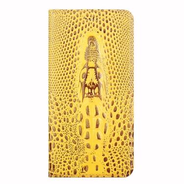 Imagem de FWYANZH Capa de couro bovino para iPhone 16E, padrão de crocodilo em relevo 3D, capa de couro legítimo, carteira de cobertura total, capa flip à prova de choque, amarela, 16E