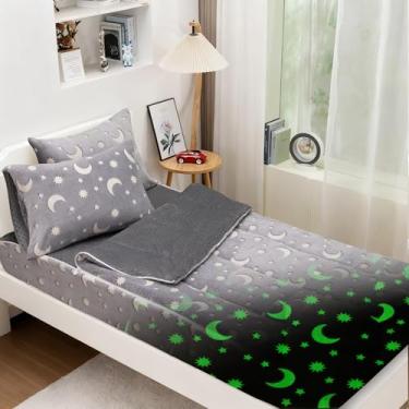 Imagem de Meeting Story Jogo de cama infantil com zíper duplo, 3 peças, estrela e lua que brilha no escuro (cinza, solteiro)