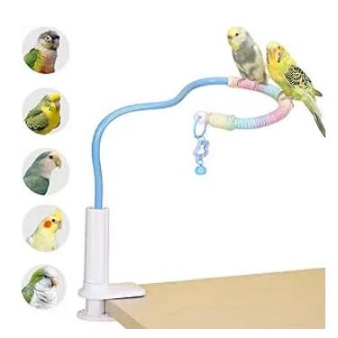 Imagem de DKE&YMQ Suporte de poleiro para pássaros com conjunto de almofadas para animais de estimação - Playground flexível de mesa e acessórios para papagaios, periquitos, calopsitas e conures (azul médio)