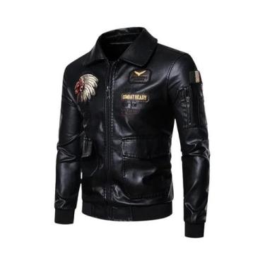 Imagem de Jaqueta Masculina De Couro Genuíno Bordada Outono Inverno Com Gola De 