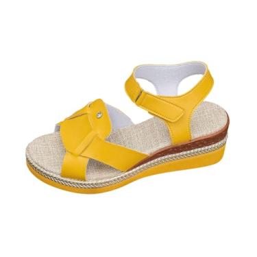 Imagem de Chinelo feminino com boca de peixe plataforma de fundo grosso para roupas de verão e caminhadas confortáveis, Amarelo, 36