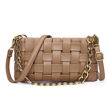 Imagem de Bolsa de ombro trançada feminina com corrente, bolsa transversal de tecido, bolsa clutch com 2 alças removíveis, Marrom, 10.6”Lx2.4”Wx5.5”H