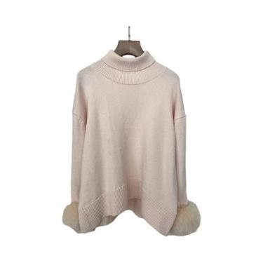 Imagem de Suéter Feminino De Tricô Com Mangas De Pele De Raposa, Ajuste Slim, Mo