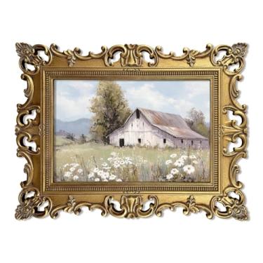Imagem de XIAOAIKA Arte de parede de paisagem de celeiro branco acabada à mão, impressão vintage de casa de fazenda com moldura de madeira dourada envelhecida, estilo de pintura a óleo do campo para entrada de