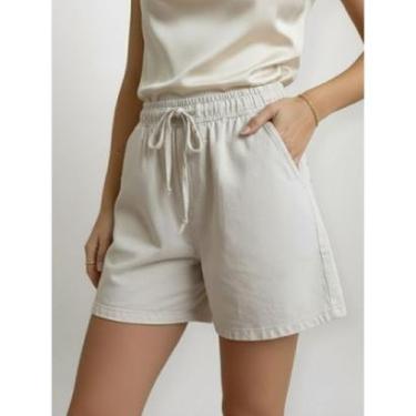 Imagem de Short Feminino Sarja Liso Bege Claro Cintura Elástico e Cordão Cós Alto Modelagem Soltinha-Feminino