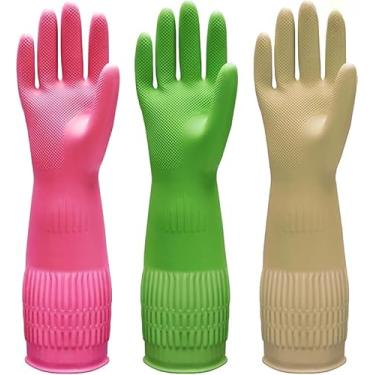Imagem de 3 pares de luvas para lavar louça, luvas de limpeza reutilizáveis de punho de 38 cm para cozinha, banheiro e tarefas domésticas - borracha grossa flexível sem látex, aderência antiderrapante (vermelho