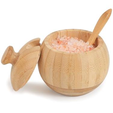 Imagem de ZTHapwa Adega de sal de bambu com tampa e colher, 1/2 xícara de caixa de temperos de madeira para bancada de cozinha e restaurante, organiza rosa do Himalaia, kosher, sais marinhos e ervas