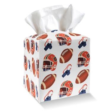 Imagem de Suporte para caixa de lenços - Capa de caixa de lenços de couro PU esportiva de futebol com cinto inferior, organizador de papel facial quadrado para mesa, banheiro, cozinha, carro e escritório -048