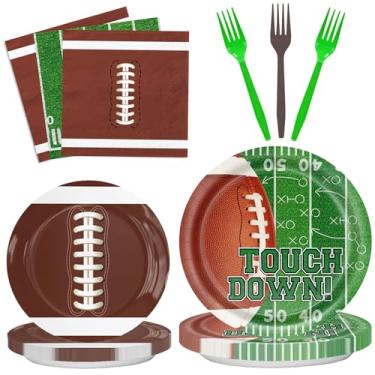 Imagem de Kit de suprimentos de festa de futebol com 96 peças, inclui pratos de jantar, guardanapos, garfos para decorações de festa de aniversário de futebol