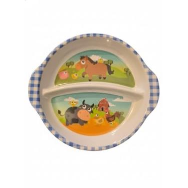 Imagem de Prato Infantil com Divisória Temático Fazendinha – Pratinho para Introdução Alimentar Livre de BPA, Resistente e Colorido – Ideal para Bebês e Crianças [Azul/Xadrez]