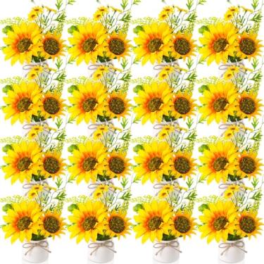 Imagem de Zeyune 16 peças de girassol artificial em vasos, girassóis de seda rústica para cozinha, centros de mesa de centro de mesa de flores falsas amarelas com vaso de plástico para verão, banheiro