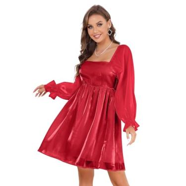 Imagem de KOJOOIN Minivestido feminino de malha babydoll com manga bufante e gola quadrada, Vinho tinto, XXG