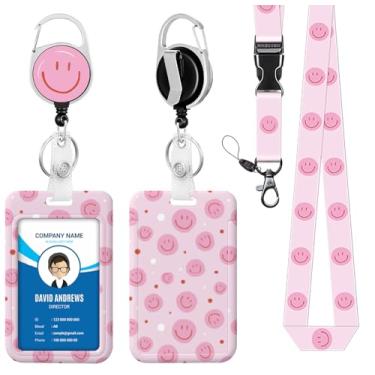 Imagem de Cordão para crachá de identidade, carretel de crachá, fofo, divertido, rosa, sorridente para homens, mulheres, fofo, enfermeira, professor, nome, etiqueta, clipe retrátil, chaveiro resistente