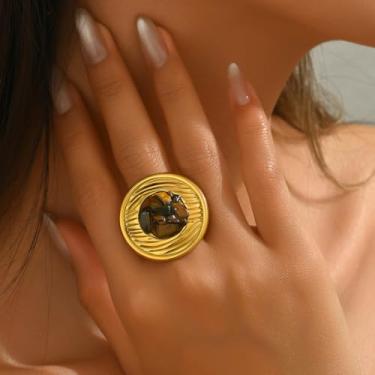 Imagem de Anéis de ouro grossos para mulheres, noivado promessa de casamento empilhável anel de flor, conjunto de joias modernas para presente, Medium, Latão, Sem pedra preciosa