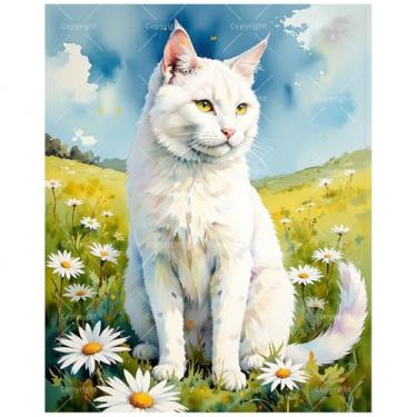Imagem de Kit de pintura animal por números para adultos – DIY gato branco em margarida prado pintura em tela, conjunto de tinta acrílica, adequado para iniciantes, arte para decoração de casa ou presentes